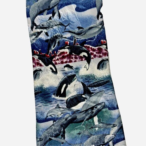 Wembley Endangered Specie Orca Silk Tie USA  Marine Life Statement Accessory VTG - Picture 4 of 6